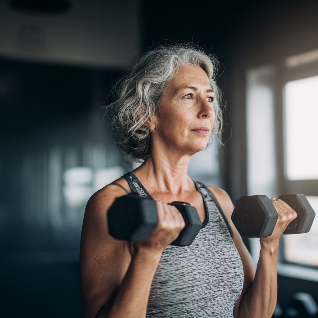 50 years old woman exercising with dumbbells in modern fitness studio