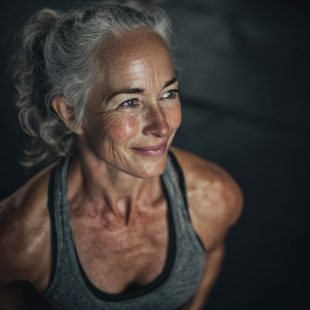 Happy 50 years old woman after successful fitness training session