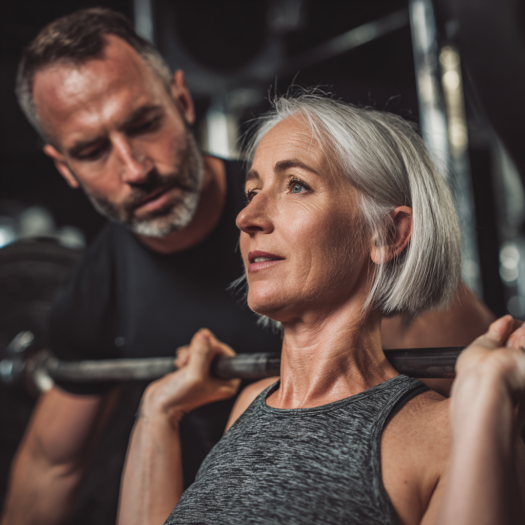 Professional 55-years old fitness trainer working with mature adult client